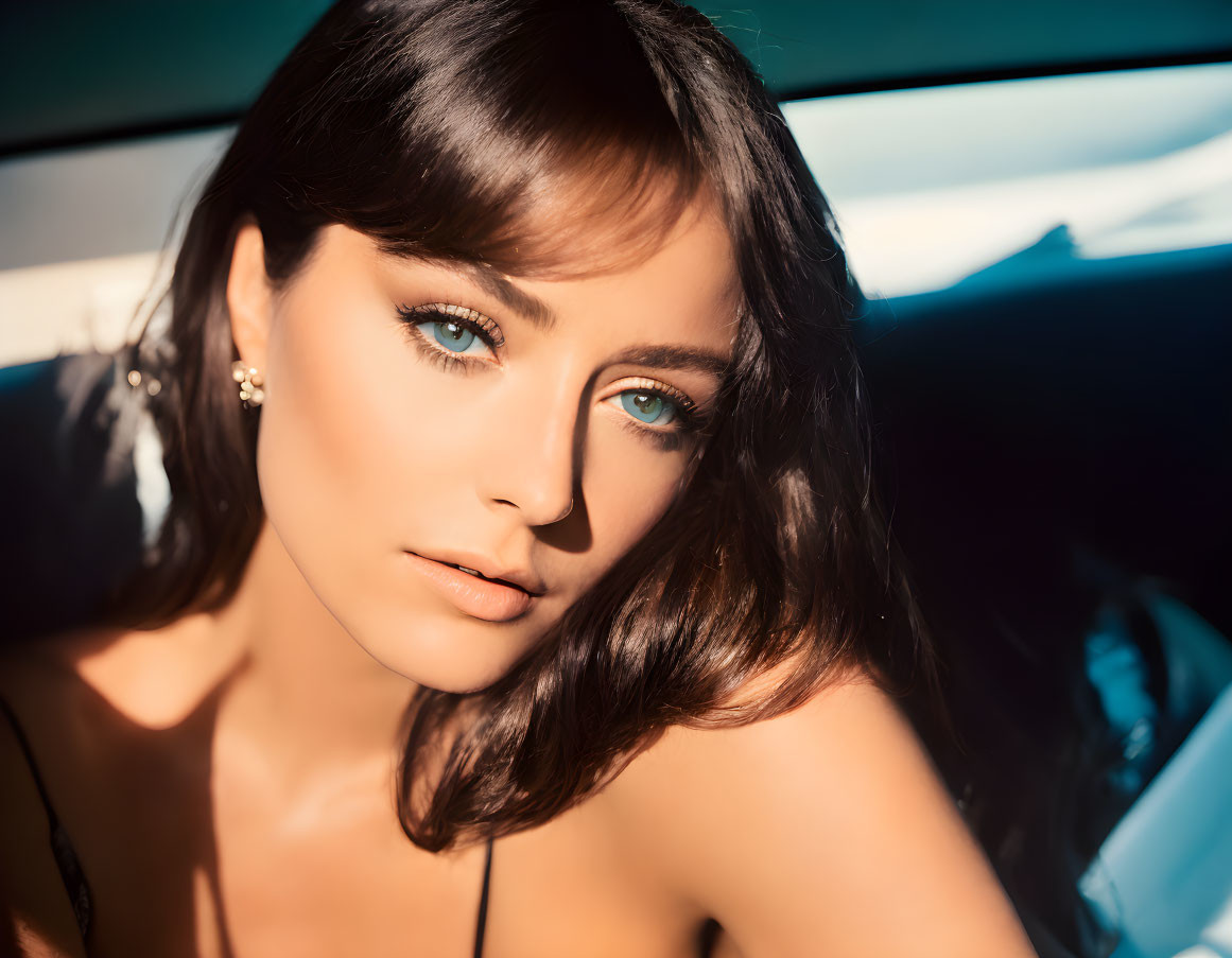 Brunette woman with blue eyes in sunlight inside vehicle