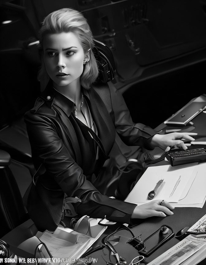 Monochrome image: Woman in leather jacket at desk with papers and phone