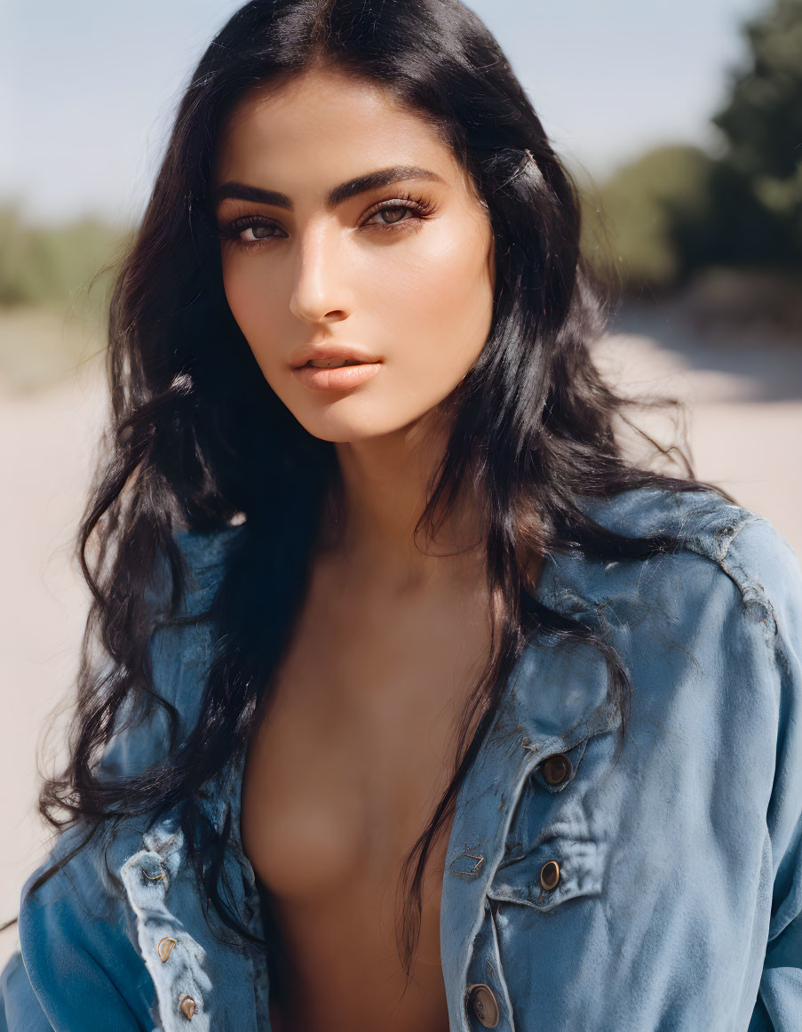 Portrait of woman with long black hair in open denim jacket against blurred natural background