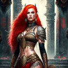 Fierce warrior woman with red hair in intricate armor among ancient ruins