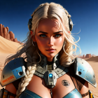 Blonde woman in sci-fi armor in desert landscape