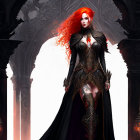 Illustration of confident woman with red hair in gothic attire under ornate archway