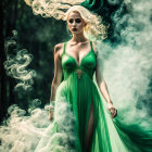 Woman in elegant green dress surrounded by swirling smoke in forest setting