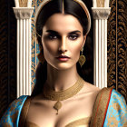 Historical woman in golden headpiece and jewelry between ornate pillars.