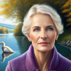 Elderly woman with white hair and blue eyes in purple coat by autumnal lake