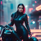 Woman in black outfit on motorcycle with neon city lights in futuristic setting