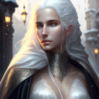 Digital artwork: Pale-skinned woman in white hair and blue eyes, dark cloak, silver armor,