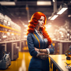 Red-haired woman in industrial setting with crossed arms and small robot on table