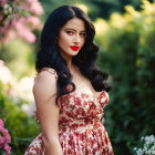 Dark-haired woman in floral dress surrounded by vibrant flowers