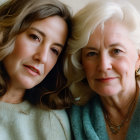 Mother and daughter posing affectionately in gentle smiles.