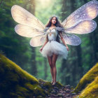 Fantasy woman in fairy costume with translucent wings in magical forest