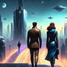 Two individuals walking towards futuristic cityscape with tall buildings and spacecraft.