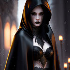 Dark makeup woman in hooded cloak against forest backdrop with warm lights