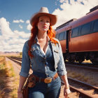 Red-haired woman in denim outfit and cowgirl hat near train on sunny day