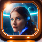 Woman gazes from spaceship window at cosmic stars and nebulae