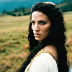 Dark-haired woman in white dress with gold trim in outdoor setting.