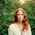 Red-haired woman stands by green bush with red berries