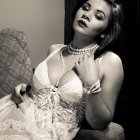 Monochrome image of woman in Hollywood glamour with jewelry