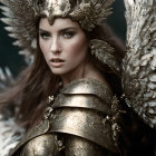 Fantasy warrior woman in ornate metallic armor and headdress on dark background