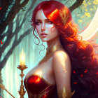 Red-haired woman in fantasy attire with candlestick in ethereal forest