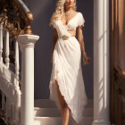 Woman in white lace dress on staircase with classic columns in sunlight