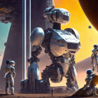 Person surrounded by robots on alien planet with spaceships and giant planet.