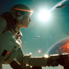 Detailed futuristic astronaut in spacesuit gazes at bright sun amidst cosmic battle