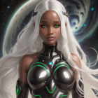 Portrait of woman with long silver hair and green eyes in futuristic green suit on cosmic backdrop