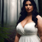 Woman in white dress in foggy forest with sunlight filtering through trees