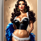 Illustrated poster featuring woman with voluminous hair, red lipstick, black corset, golden buckle,