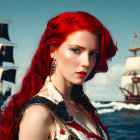 Red-haired woman gazing with sailing ships in background