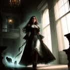 Woman in elegant dress walking in dramatic, dimly lit room with sunlight and smoke.