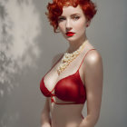 Red-haired woman in red bra and lipstick against leaf shadow background