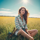 Woman in Plaid Shirt Sitting in Sunlit Field