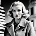 Monochrome portrait of woman in vintage style coat with soft city backdrop