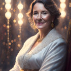 Stylish older woman in vintage chair with gentle smile and bokeh lights