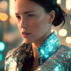 Pensive woman in glittery outfit with illuminated collar, soft focus warm lights.