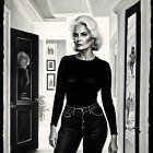 Monochromatic image: Poised woman in black top and jeans, surrounded by framed artworks.