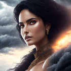 Dark-haired woman adorned with gold jewelry under dramatic sky.