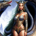 Fantasy illustration of woman in gold armor with white hair and serpent by castle.