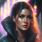 Illustrated portrait of a woman with striking features in neon-lit rain