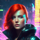 Red-haired woman in futuristic neon-lit cityscape with glossy black outfit