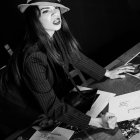 Monochrome image: Woman in leather jacket at desk with papers and phone