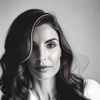 Portrait of woman with dark hair and white blouse in monochrome.