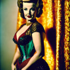 Vintage-style portrait of a woman with curled hair, corset, and embellished costume in front of