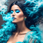 Woman with vibrant blue makeup and wavy hair in mystical setting