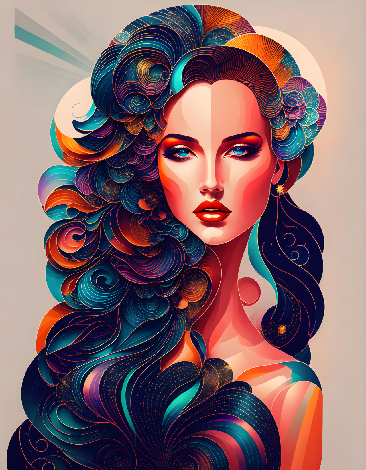 Colorful digital artwork: Woman with flowing blue and orange hair, ornate patterns, celestial motifs