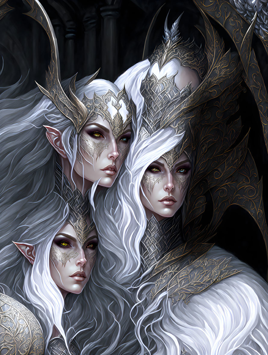 Ethereal elves with silver hair and golden crowns in regal poses against dark backdrop