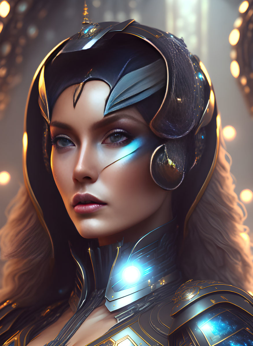 Woman in futuristic armor with intricate helmet and glowing blue eyes.