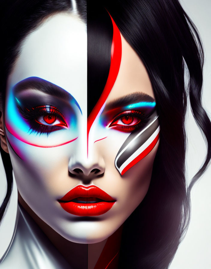 Split-face portrait: woman with contrasting makeup - natural vs. bold neon artistry